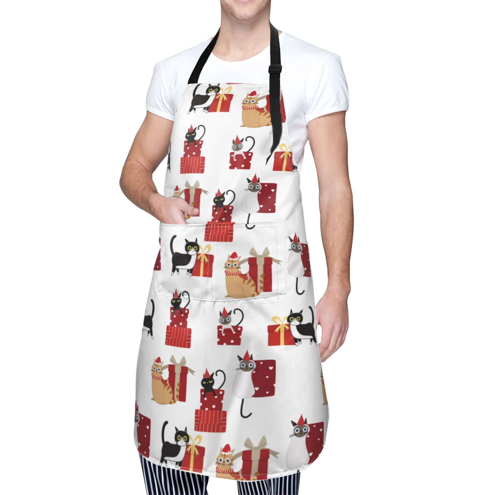 Kdxio Cute Cat And Christmas Gift Apron with Pockets Adjustable Kitchen Aprons for Men Women Waterproof Aprons for Cooking,Drawing,Crafting, Baking Household Cleaning