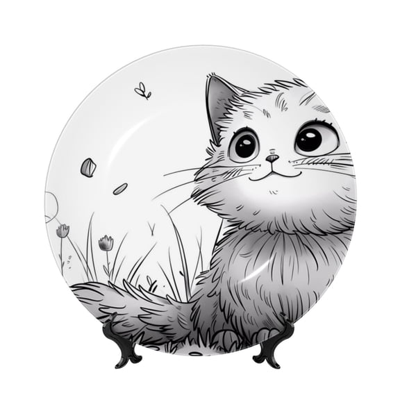 Kdxio Cute Cat Meadow Sketch Bone China Decorative Plate Ceramic Decorative Plate for Home Office Wall Stand Decorative Plates for Home Bedroom-10in