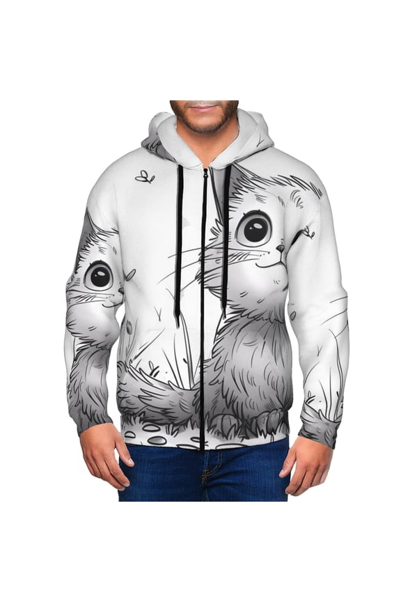 Cute Cat Meadow Sketch Print Men Hoodies Casual Hoodies for Men with Zip Pockets Full Zip Long Sleeve Sweatshirt Sports Hooded Jacket-Large
