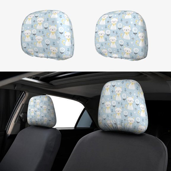 Kdxio Cute Cat Pattern Print 2 Piece Car Head Rest Covers Set Auto Front/Rear Seats Headrest Cover Universal Fit Most Cars,Sedan, SUV