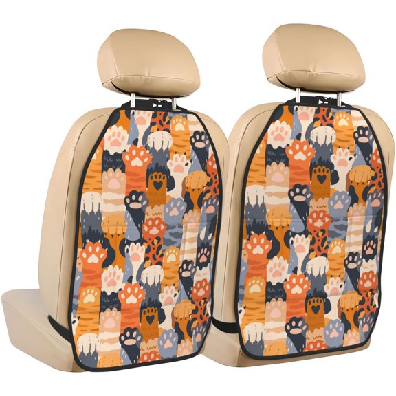 Kdxio Cute Cat Paw Print 2 Pack Car Kick Mat Seat Cover Back Protector Mat with Pockets for Organizer Backseat Protector and Storage Anti Kick Pad for Vehicles