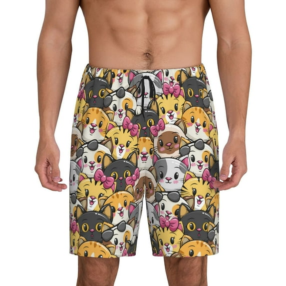 Kdxio Cute Cat Print Mens Sleep Shorts Bottoms Soft Comfy Pajama Wear Pants with Drawstring Pockets