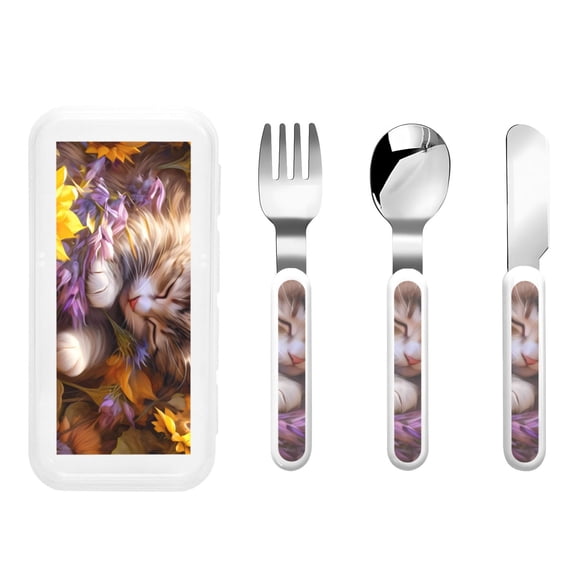 Kdxio Cute Cat Sunflower Toddler Utensils Set - Kids Silverware Set, Set Kids Utensils Set with Case for Preschooler Children