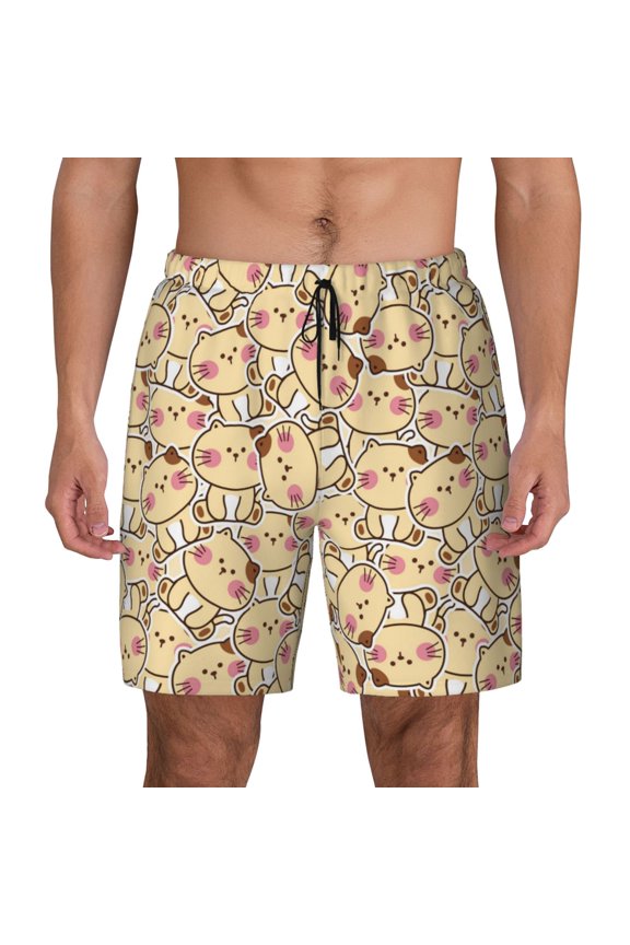 Cute Cats 4 Print Men's Swim Trunks with Compression Liner 7 Inch Inseam Quick Dry Swim Shorts
