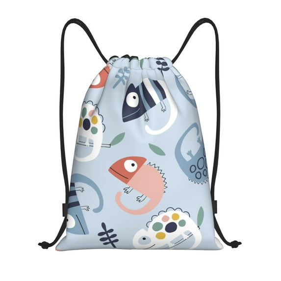Kdxio Cute Chameleons On Blue Print Drawstring Backpack Bag,Waterproof Draw String Back Sack, Gym Drawstring Bags Swim Bag For Unisex