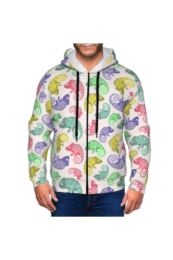 Cute Chameleons Print Men Hoodies Casual Hoodies for Men with Zip Pockets Full Zip Long Sleeve Sweatshirt Sports Hooded Jacket-Large