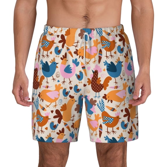 Kdxio Cute Chickens Print Men'S Swim Trunks With Compression Liner 7 Inch Inseam Quick Dry Swim Shorts