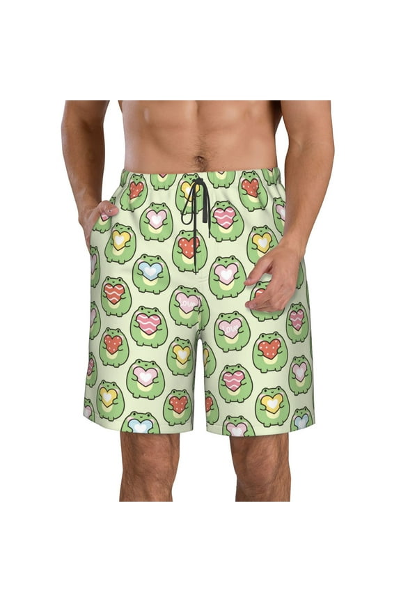 Cute Chubby Frog Pattern Mens Casual Shorts - Drawstring Summer Beach Sports Shorts for Men