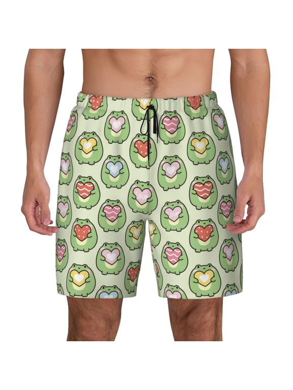 Cute Chubby Frog Print Men'S Swim Trunks With Compression Liner 7 Inch Inseam Quick Dry Swim Shorts