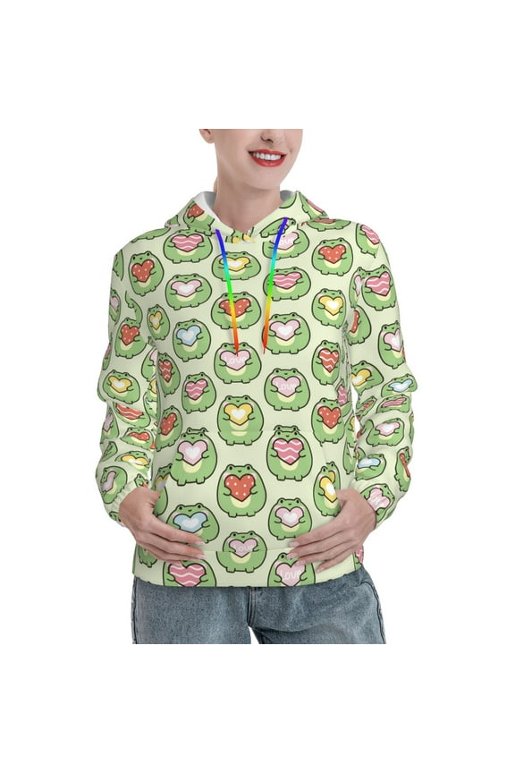 Cute Chubby Frog Print Womens Oversized Hoodies Sweatshirts Hooded Pullover Tops Sweaters Casual-Large