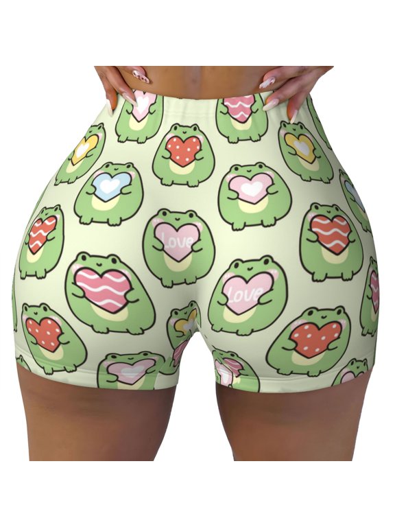 Cute Chubby Frog Print Workout Shorts for Women Seamless Soft Smooth Gym Yoga Scrunch Active Shorts