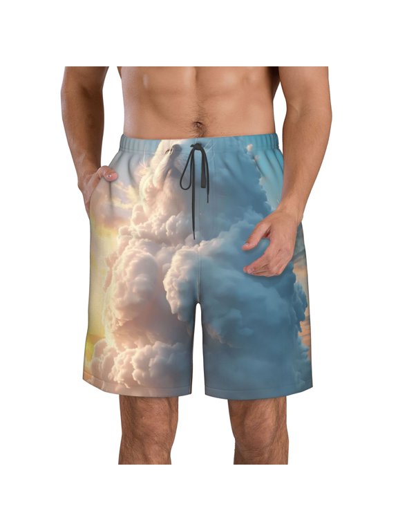 Cute Cloud Cat Pattern Mens Casual Shorts - Drawstring Summer Beach Sports Shorts for Men