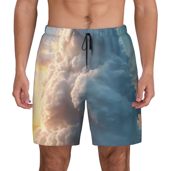 Kdxio Cute Cloud Cat Print Men's Swim Trunks with Compression Liner 7 Inch Inseam Quick Dry Swim Shorts