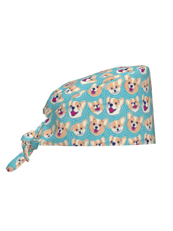 Cute Corgi Head Pattern Turban Hat for Women Men Comfortable Adjustable Cleaning Working Cap with Sweatband