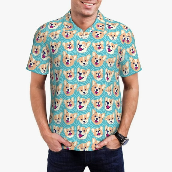Kdxio Cute Corgi Head Print Men's Short Sleeve Polo Shirt,Midweight Men's Shirt