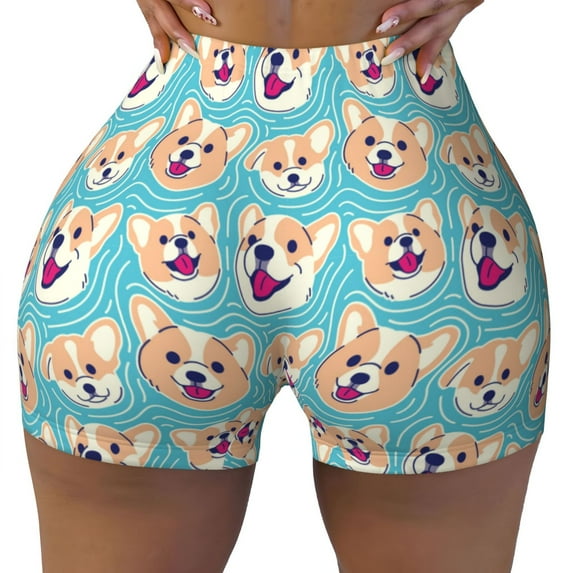 Kdxio Cute Corgi Head Print Workout Shorts for Women Seamless Soft Smooth Gym Yoga Scrunch Active Shorts