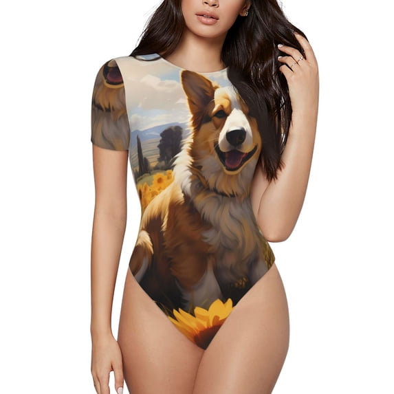 Kdxio Cute Corgi Sunflower for Women's Short-Sleeved Onesie Stylish Round Neck Pajamas Bodysuit Jumpsuit Nightwear-Small