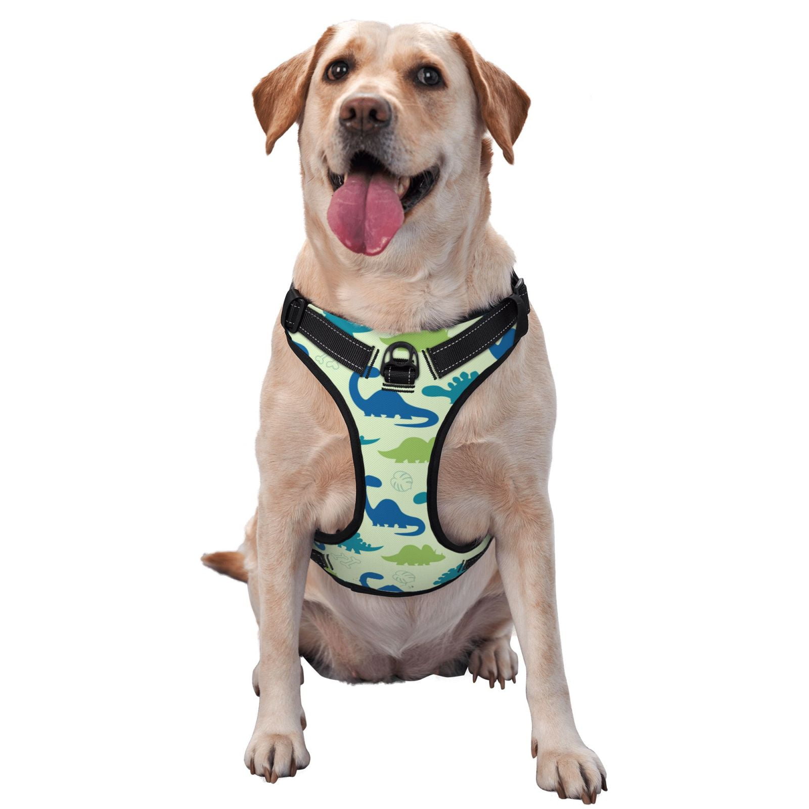 Kdxio Cute Dinosaur Blue Green Print No Pull Dog Harness Adjustable Reflective Oxford Easy Control Medium Large Dog Harness for Training and Everyday-Large