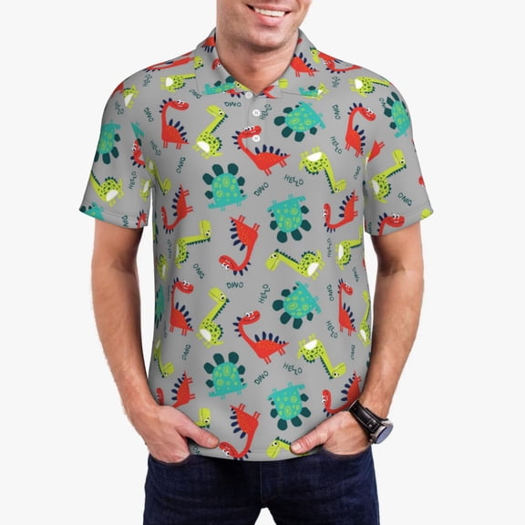 Kdxio Cute Dinosaur Print Men's Short Sleeve Polo Shirt,Midweight Men's Shirt