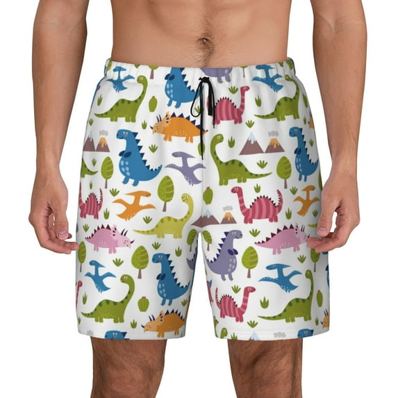Kdxio Cute Dinosaur Print Men's Swim Trunks with Compression Liner 7 Inch Inseam Quick Dry Swim Shorts