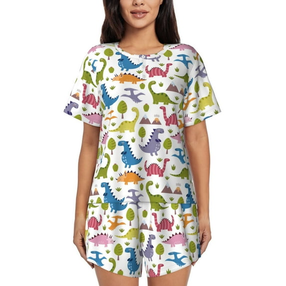 Kdxio Cute Dinosaur Print Pajamas Sets for Women Short-Sleeved Pjs with Lounge Shorts Two Piece Sleepwear S-4XL
