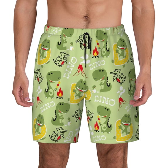 Kdxio Cute Dinosaurs Cartoon Print Men's Swim Trunks with Compression Liner 7 Inch Inseam Quick Dry Swim Shorts