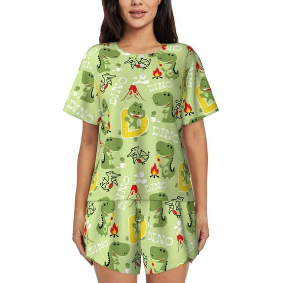Kdxio Cute Dinosaurs Cartoon Print Pajamas Sets for Women Short-Sleeved Pjs with Lounge Shorts Two Piece Sleepwear S-4XL