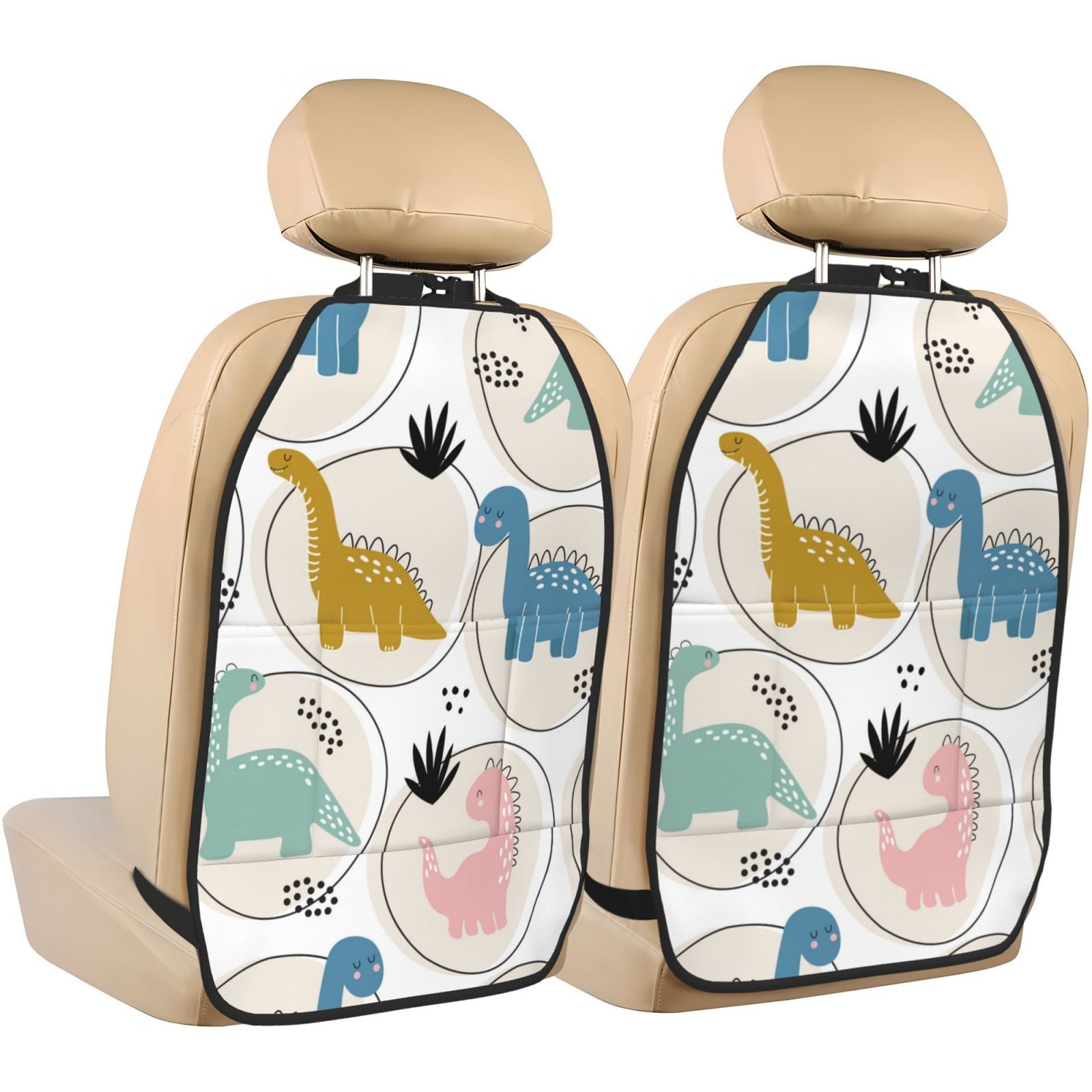 Kdxio Cute Dinosaurs Print 2 Pack Car Kick Mat Seat Cover Back Protector Mat with Pockets for Organizer Backseat Protector and Storage Anti Kick Pad for Vehicles