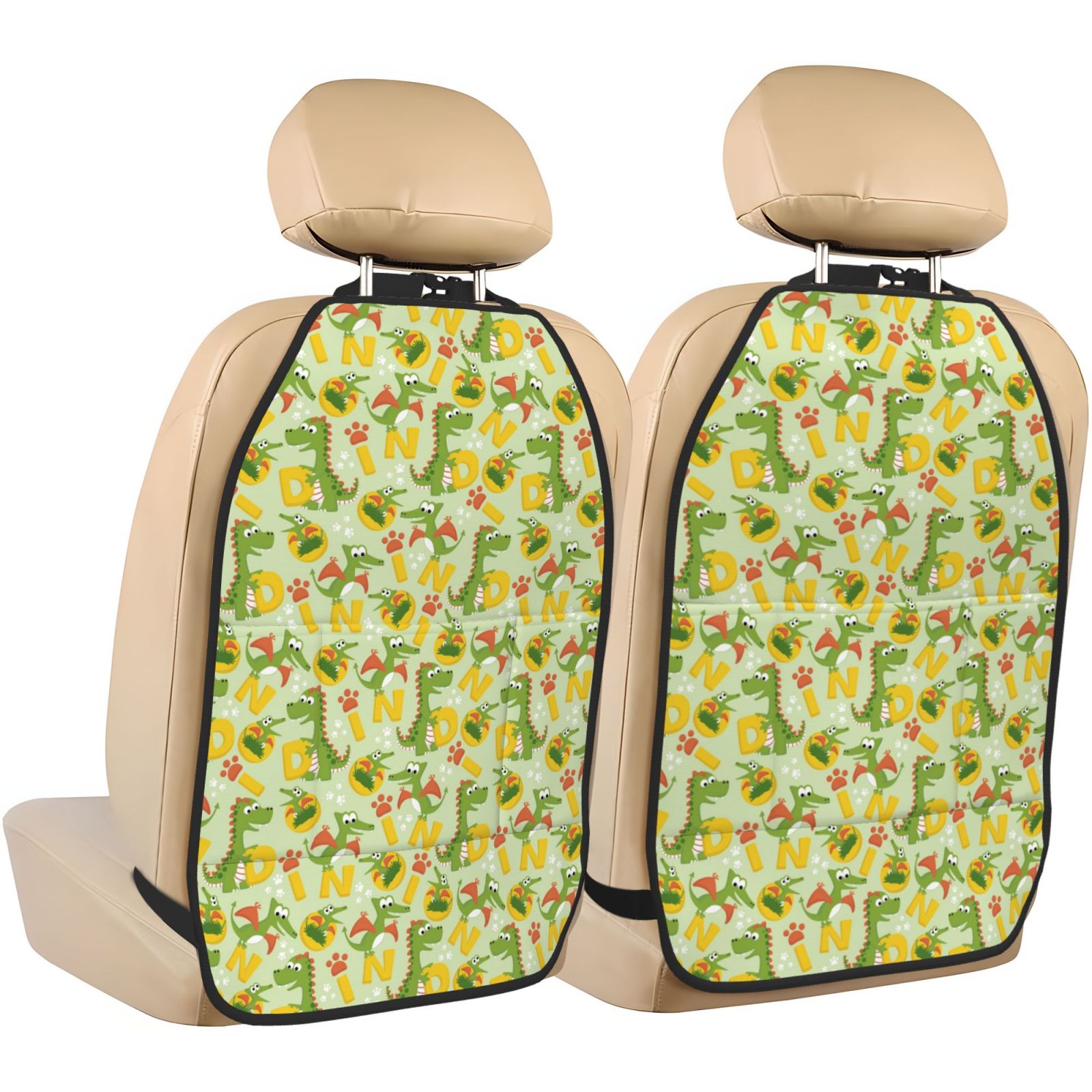 Kdxio Cute Dinosaurs Print 2 Pack Car Kick Mat Seat Cover Back Protector Mat with Pockets for Organizer Backseat Protector and Storage Anti Kick Pad for Vehicles