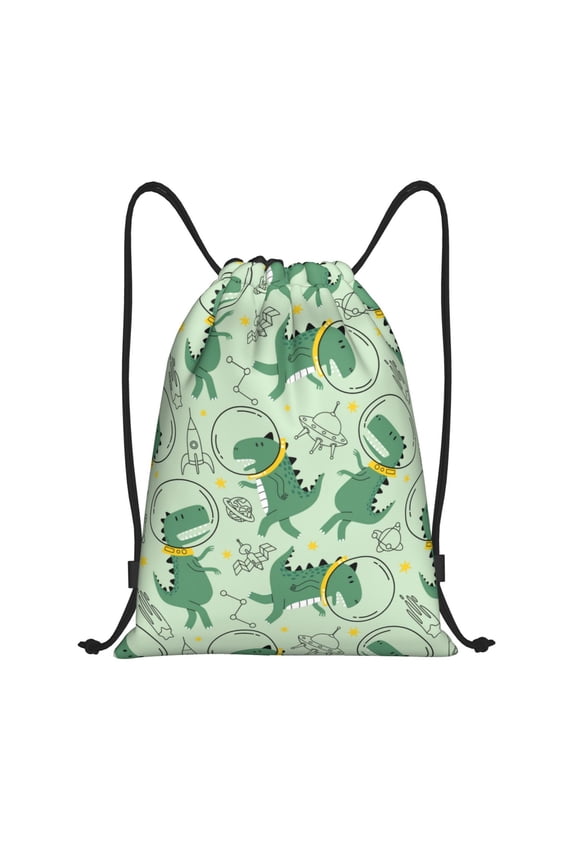 Cute Dinosaurs in Space Print Drawstring Backpack Bag,Waterproof Draw String Back Sack, Gym Drawstring Bags Swim Bag For Unisex