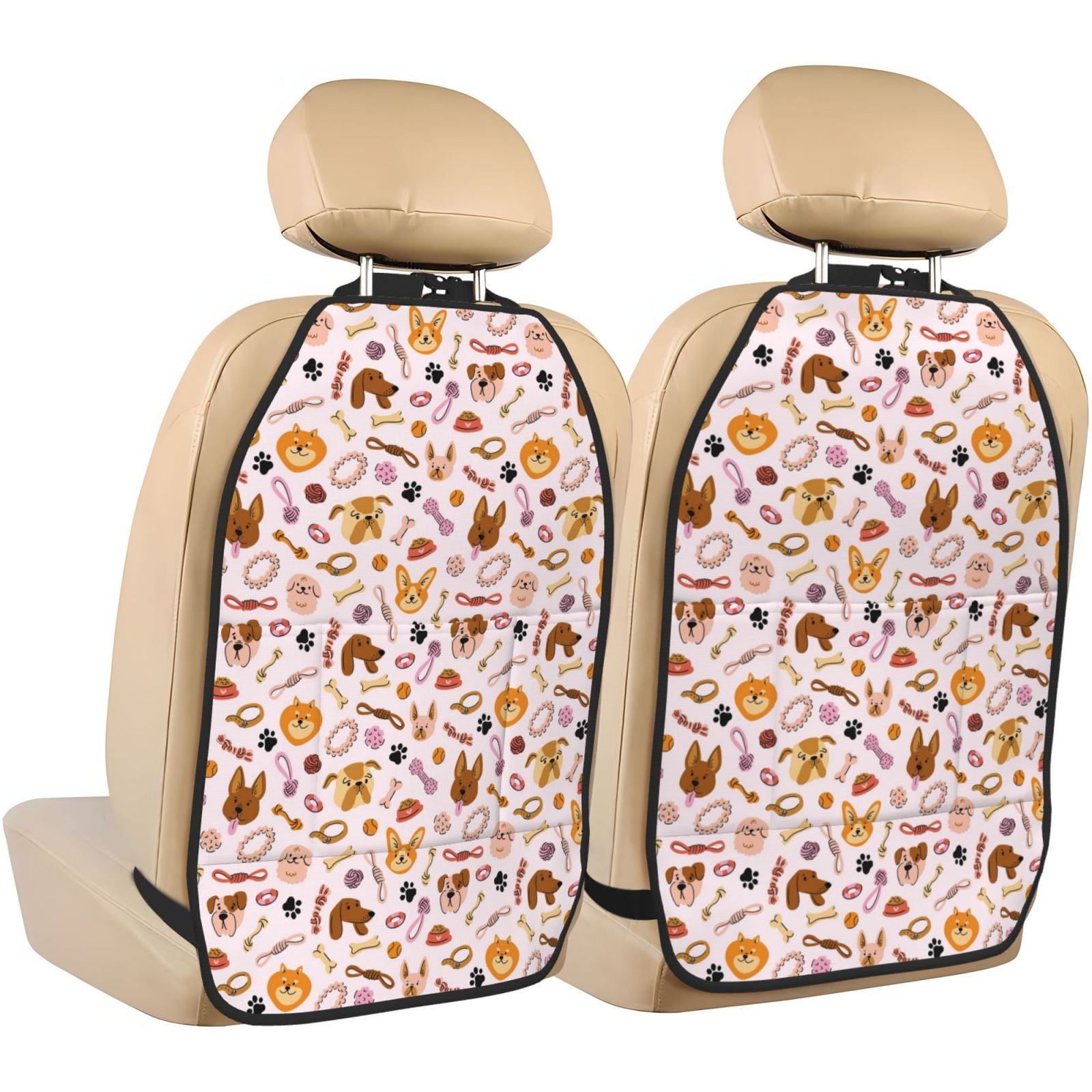 Kdxio Cute Dog Print 2 Pack Car Kick Mat Seat Cover Back Protector Mat with Pockets for Organizer Backseat Protector and Storage Anti Kick Pad for Vehicles