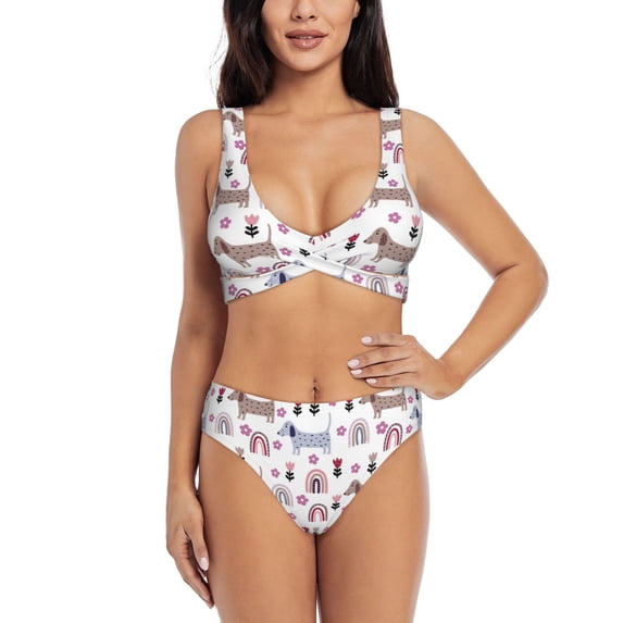 Kdxio Cute Dog Print Women's 2 Piece High Waisted Wrap Spaghetti Strap Summer Swimsuit Bikini Set-X-Large
