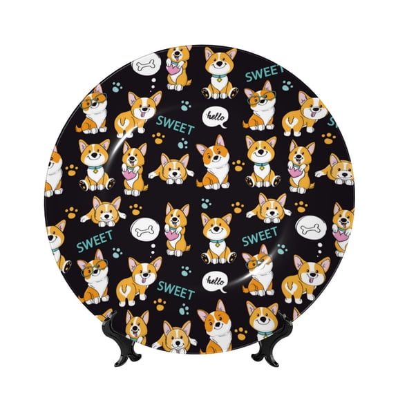 Kdxio Cute Dogs Corgi Bone China Decorative Plate Ceramic Decorative Plate for Home Office Wall Stand Decorative Plates for Home Bedroom-7in