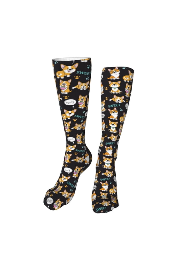 Cute Dogs Corgi Funny Silky Novelty Funky Long Knee High Socks Soft 3D Print Cosplay Crazy Stockings for Men Women