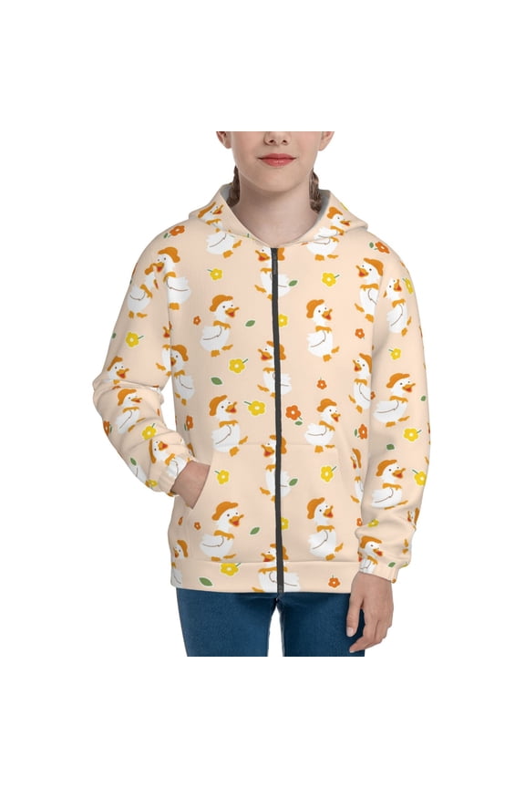 Cute Duck And Flower Pattern Kids Boys Girls Zip Up Hoodie 3D Printed Hooded Sweatshirt Hoody Coat with Pocket 7-12 Y-Medium