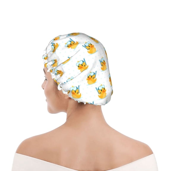 Kdxio Cute Duck Diver Print Shower Cap for Women,Elastic and Reusable,Double Waterproof Layers Bathing Hat