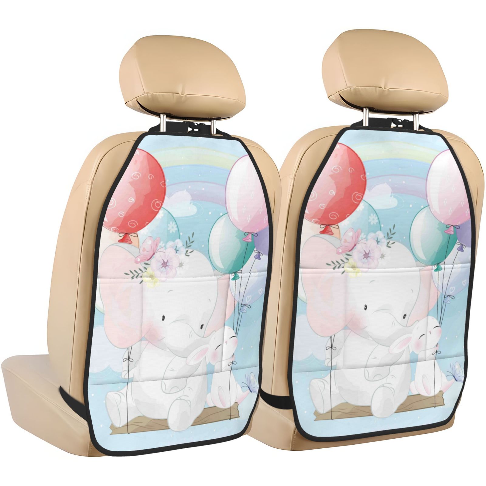 Kdxio Cute Elephant Print 2 Pack Car Kick Mat Seat Cover Back Protector Mat with Pockets for Organizer Backseat Protector and Storage Anti Kick Pad for Vehicles