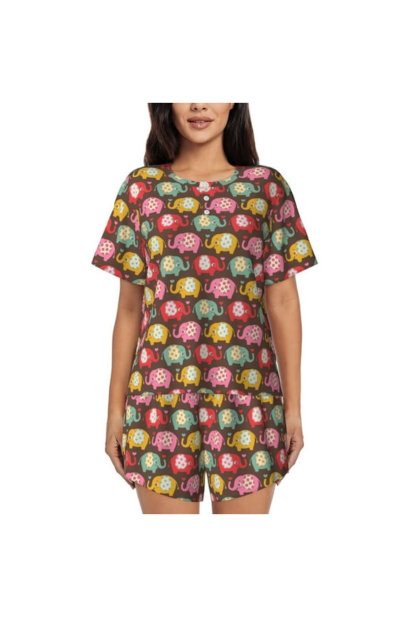 Cute Elephants Print Pajamas Sets for Women Short-Sleeved Pjs with Lounge Shorts Two Piece Sleepwear S-4XL
