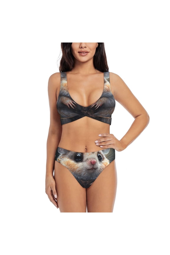 Cute Fat Ball Branch Print Women's 2 Piece High Waisted Wrap Spaghetti Strap Summer Swimsuit Bikini Set-Large