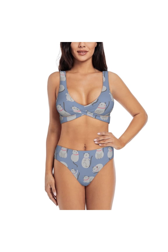 Cute Fat Cat Print Women's 2 Piece High Waisted Wrap Spaghetti Strap Summer Swimsuit Bikini Set-Medium