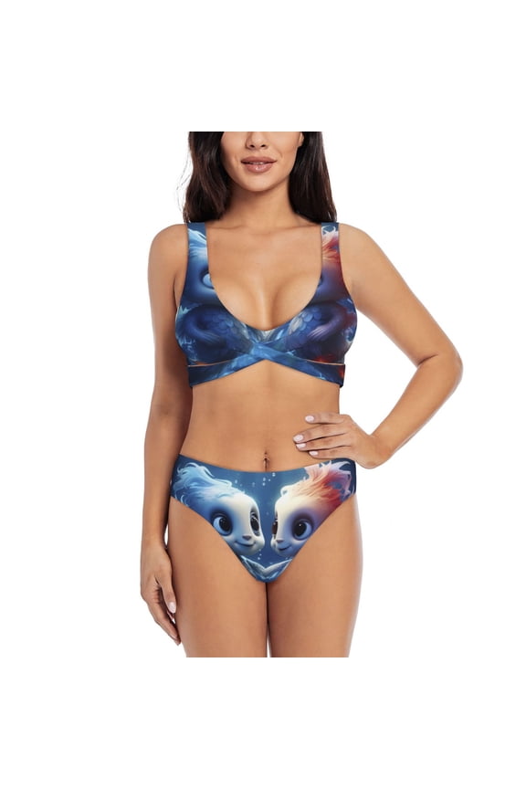 Cute Fish Flower Couple Print Women's 2 Piece High Waisted Wrap Spaghetti Strap Summer Swimsuit Bikini Set-Medium