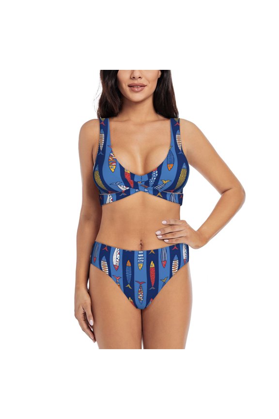 Cute Fish Print Women's 2 Piece High Waisted Wrap Spaghetti Strap Summer Swimsuit Bikini Set-Medium