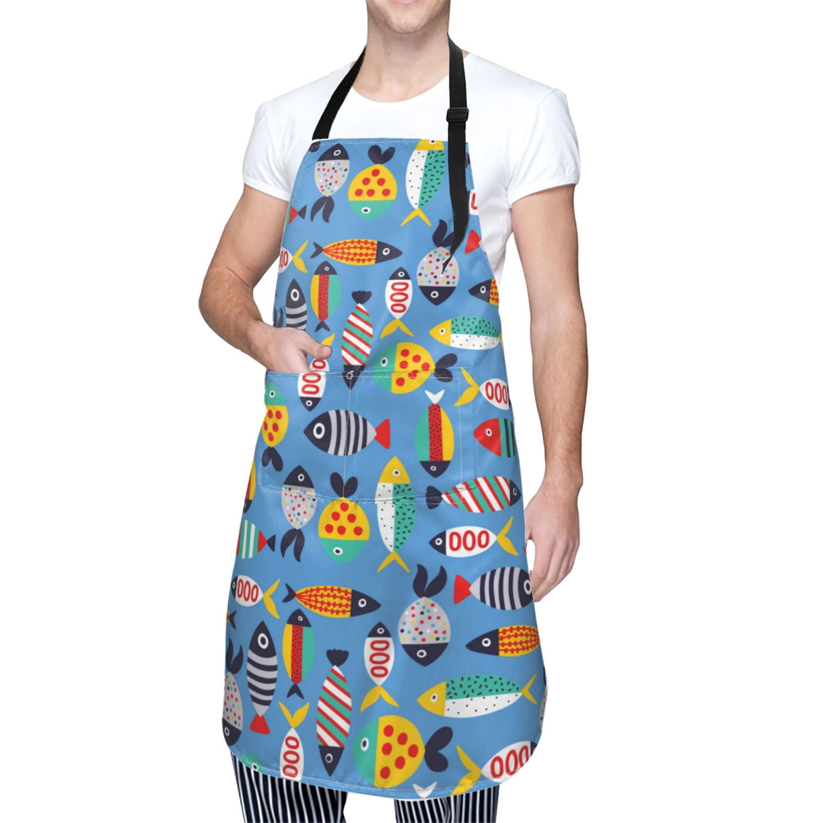 Kdxio Cute Flat Fish Apron with Pockets Adjustable Kitchen Aprons for Men Women Waterproof Aprons for Cooking,Drawing,Crafting, Baking Household Cleaning