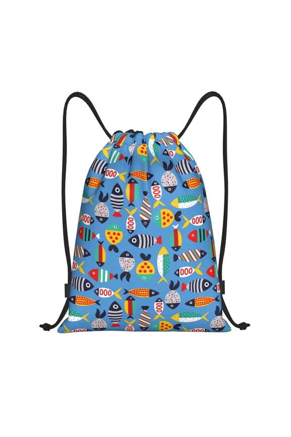 Cute Flat Fish Print Drawstring Backpack Bag,Waterproof Draw String Back Sack, Gym Drawstring Bags Swim Bag For Unisex