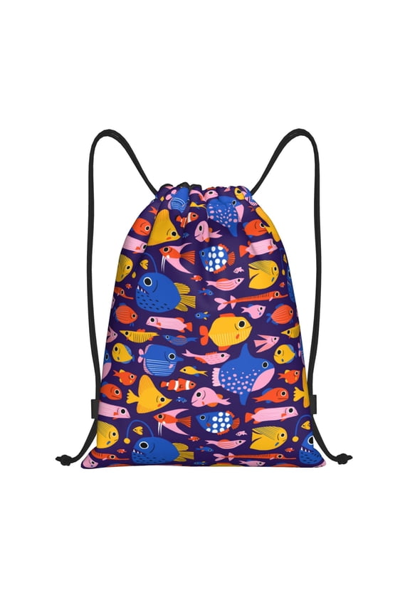 Cute Flat Hand Drawn Fishes Print Drawstring Backpack Bag,Waterproof Draw String Back Sack, Gym Drawstring Bags Swim Bag For Unisex