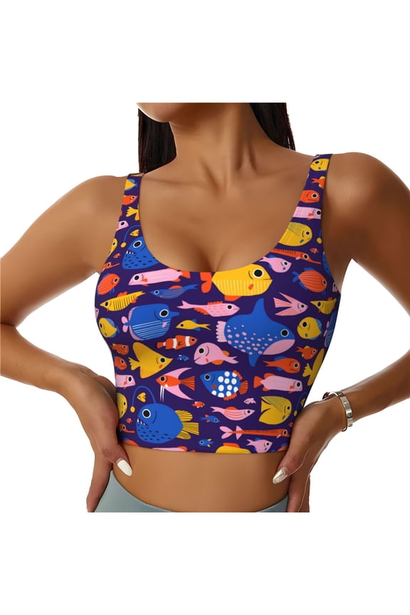 Cute Flat Hand Drawn Fishes Print Workout Crop Tank Top for Women Racerback Yoga Tank Tops Athletic Sports Shirts Exercise Undershirts