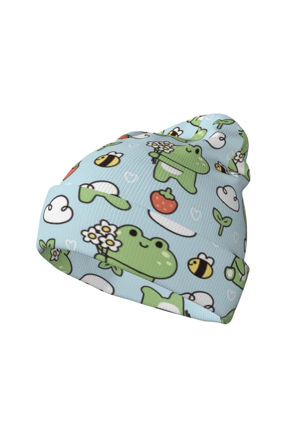 Cute Floral Frog Winter Beanie for Men Women Beanie Knit Hat Cuffed Cap Beanie Knit Chunky Snow Cap
