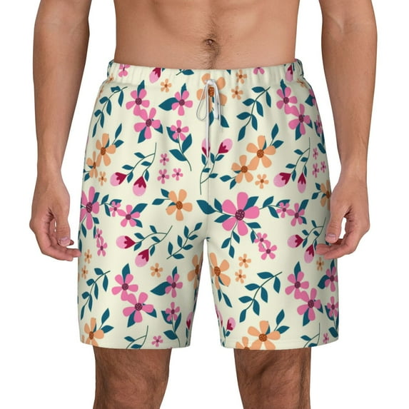 Kdxio Cute Flower Print Men'S Swim Trunks With Compression Liner 7 Inch Inseam Quick Dry Swim Shorts