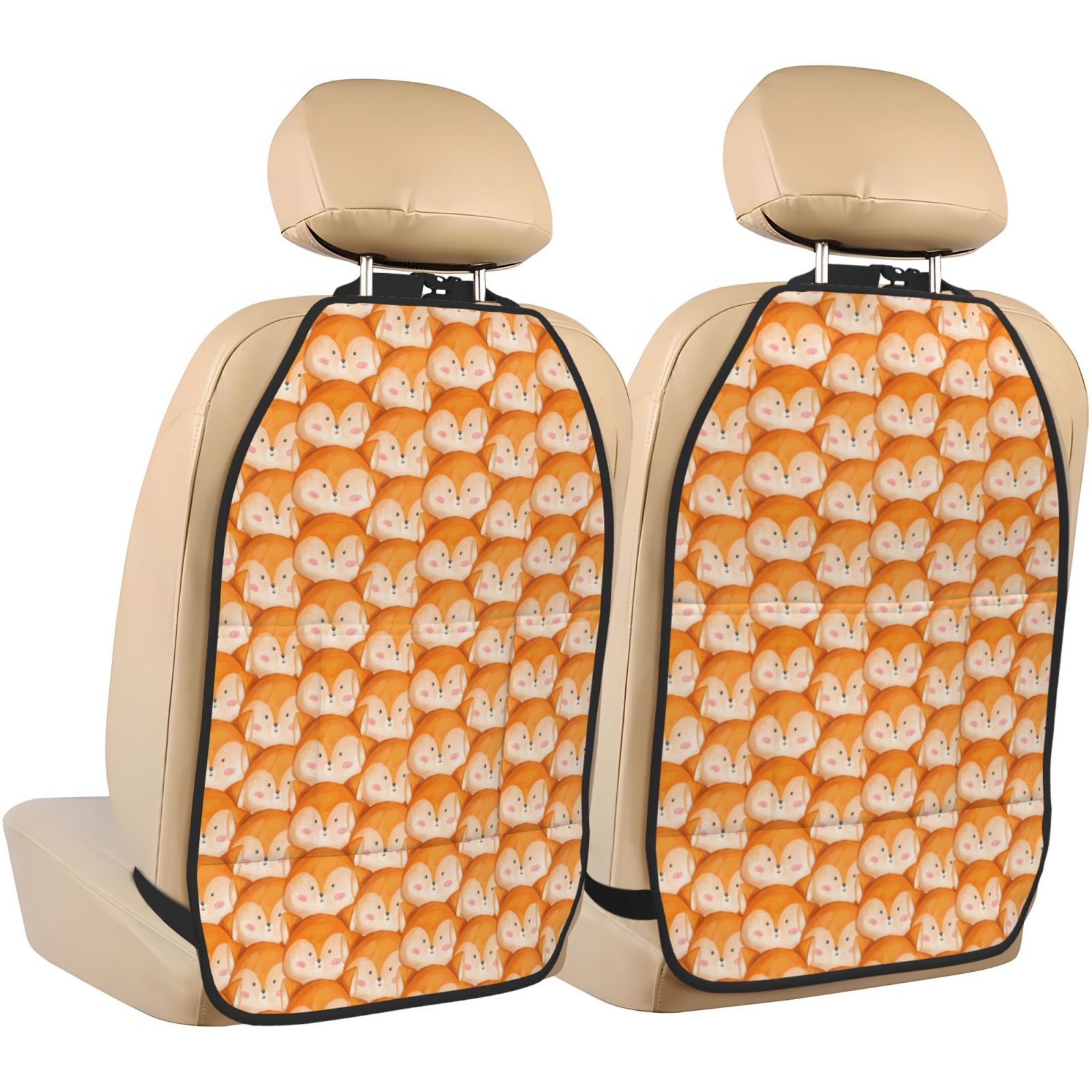 Kdxio Cute Fox Faces Pattern Print 2 Pack Car Kick Mat Seat Cover Back Protector Mat with Pockets for Organizer Backseat Protector and Storage Anti Kick Pad for Vehicles