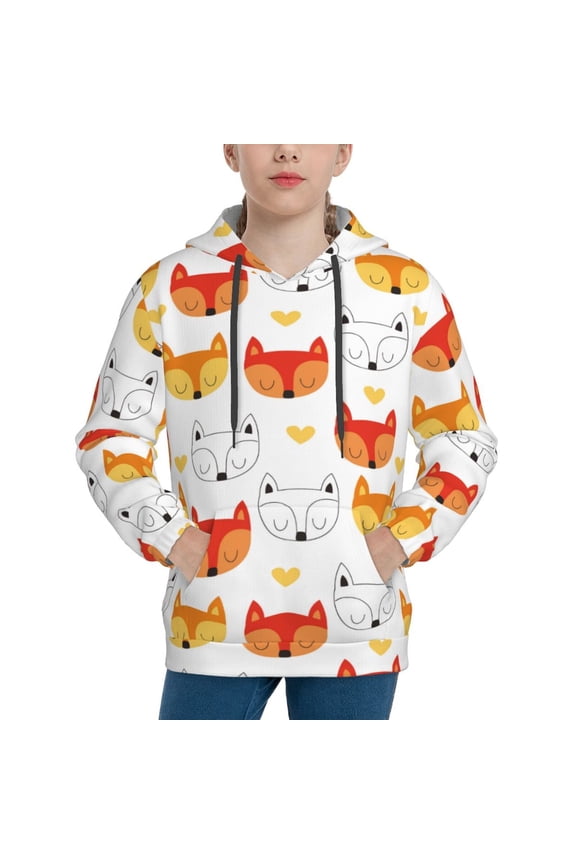 Cute Fox with Heart Pattern Boys Athletic Unisex Boys Girls Hoodie with Pocket Sweatshirts-Large